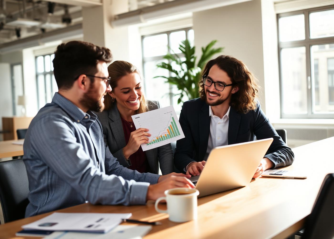 Marketing team reviewing performance results together